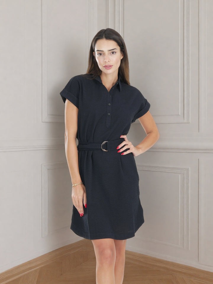 Women's Black Short Sleeve Belted Shirt Dress