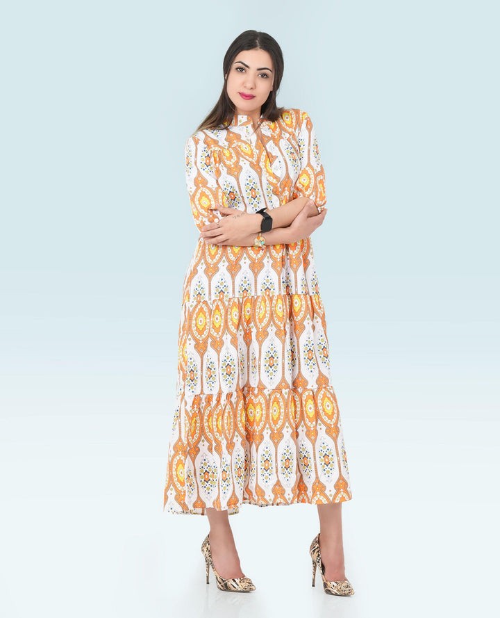 Women Printed Long Dress Mid sleeves- Finelook