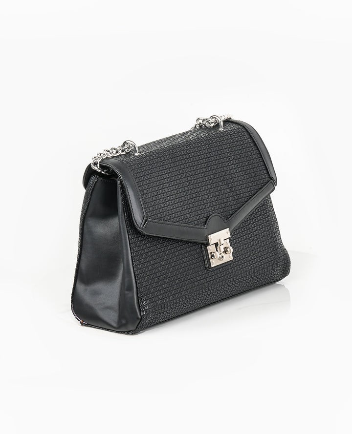 Textured Leather Handbag with Chain Strap & Lock Closure