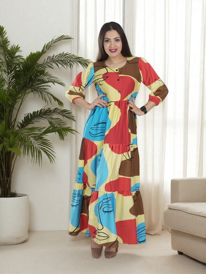 Women’s Colorful Abstract Print Maxi Dress – Long Sleeve Summer Casual Dress for Ladies in KSA