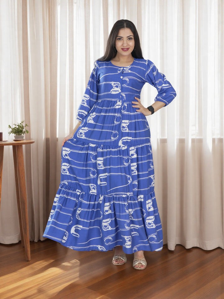 Women's Blue with Abstract all-over print Maxi Dress