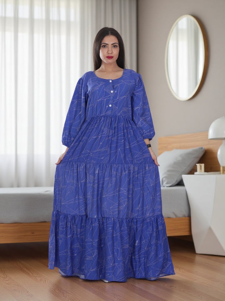 Elegant Blue Maxi Dress with Geometric Print