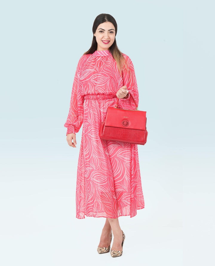 Women Polka Dot High Neck Midi Waisted Dress - Finelook