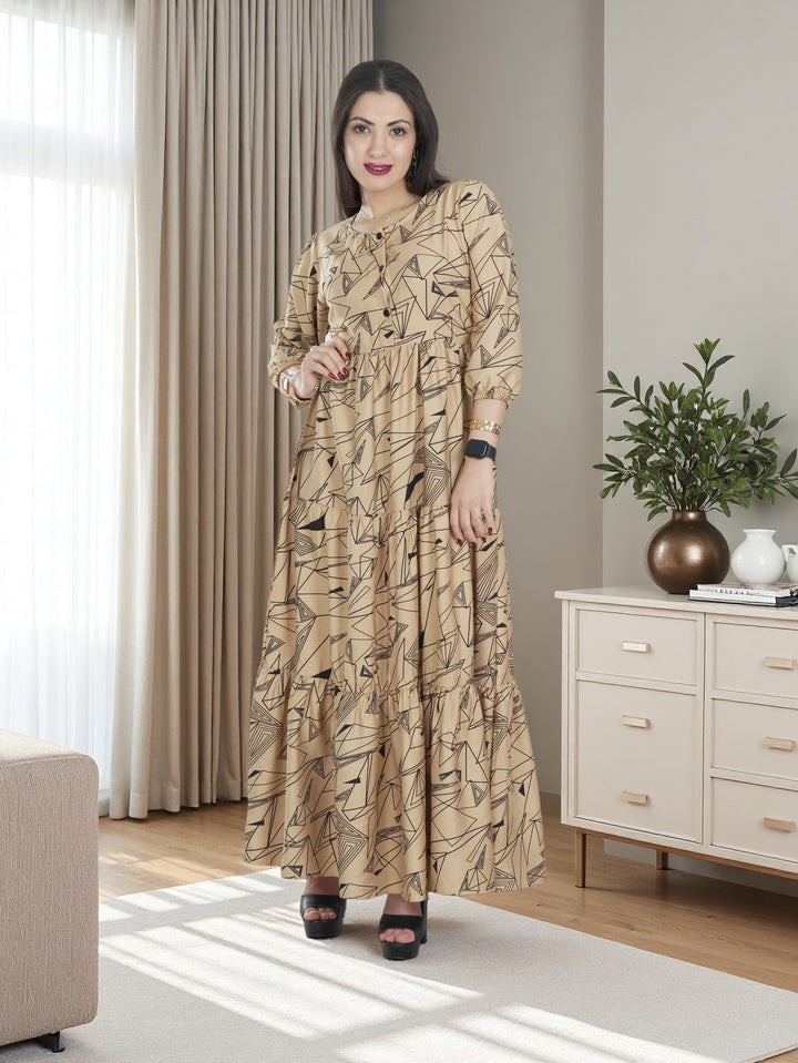 Modest Maxi Dress for Women Khaki with Geometric Print | Elegant Saudi Style