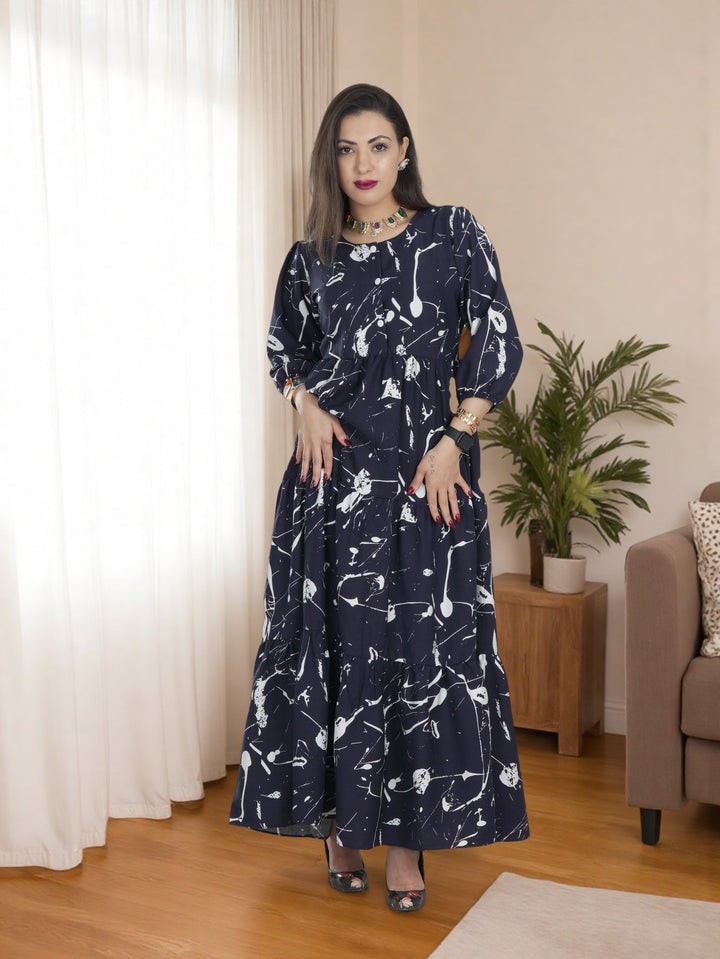 Elegant Navy Blue Maxi Dress with White Abstract Print | Modest Fashion Saudi Arabia