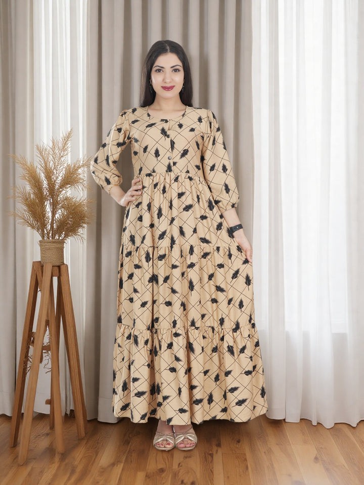 Women's Beige Printed Long Maxi Dress with Full Sleeves