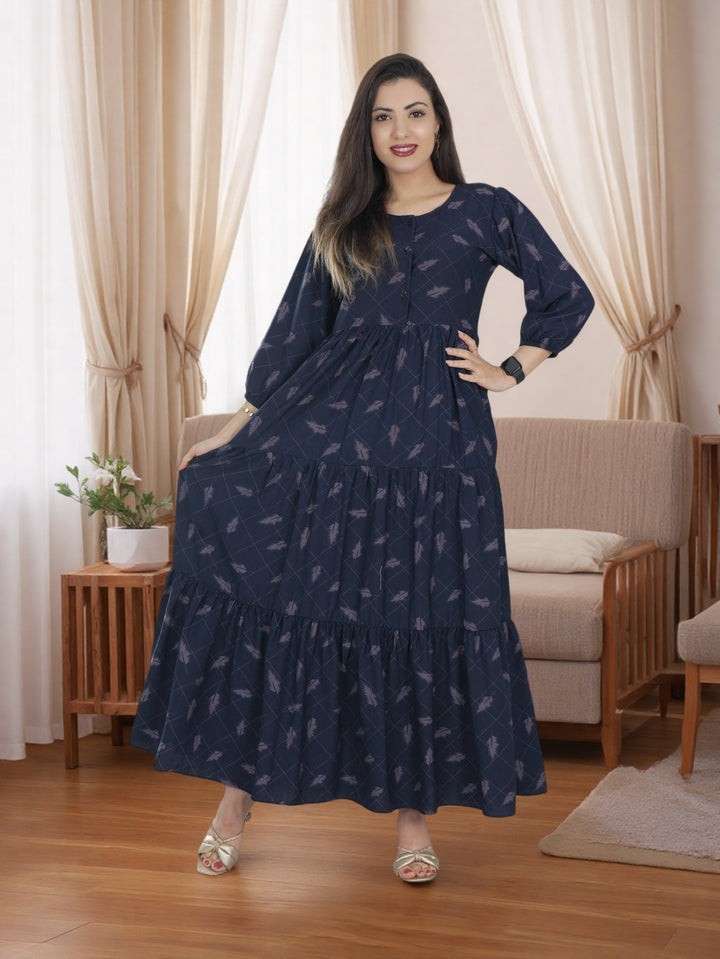 Women's Navy Blue Printed Maxi Dress with Three-Quarter Sleeves