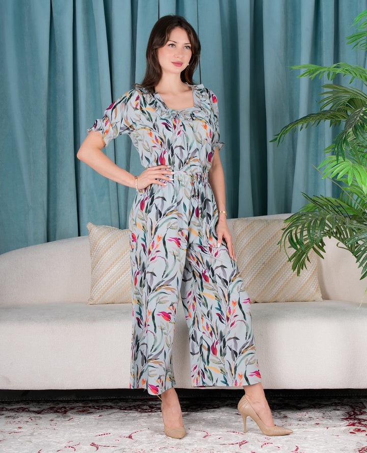 Women Nightsuit Set – 2-Piece Half Sleeve Top & Pajama Pants with Leafy Botanical Print