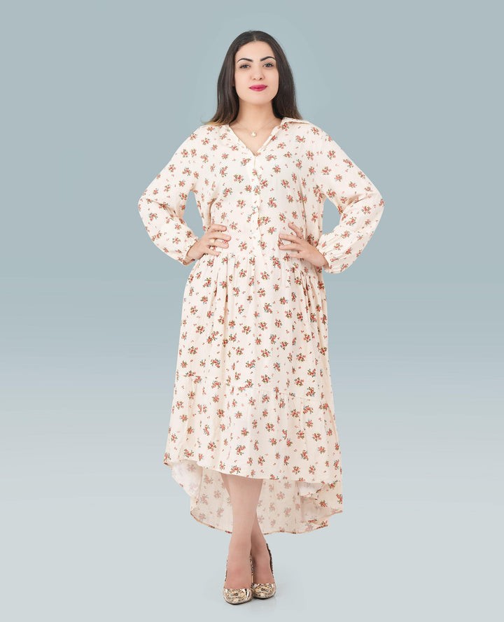 Floral Dress V-Neck Collar Dress - Finelook