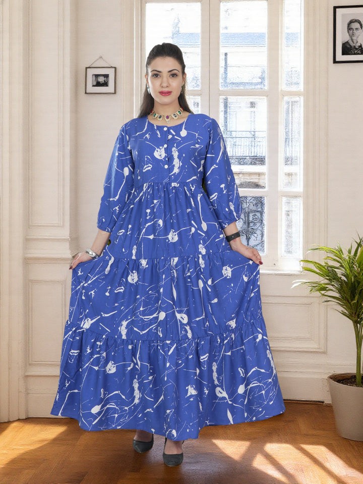 Women Pattern Long Royal Blue Dress