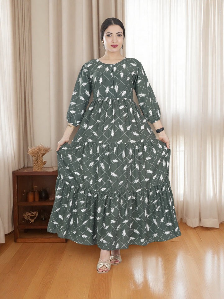 Women's Green with White all-over print Maxi Dress