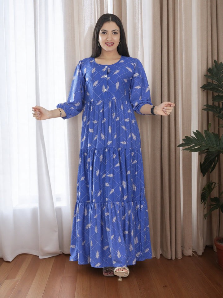 Women's Blue with Leaf all-over print Maxi Dress