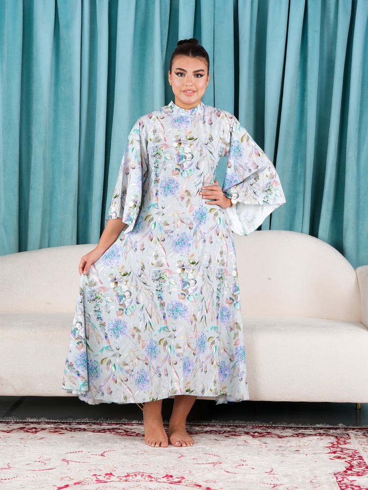 Floral Dress with Bow Tie back Long Flared Sleeve Jalabiya - Finelook