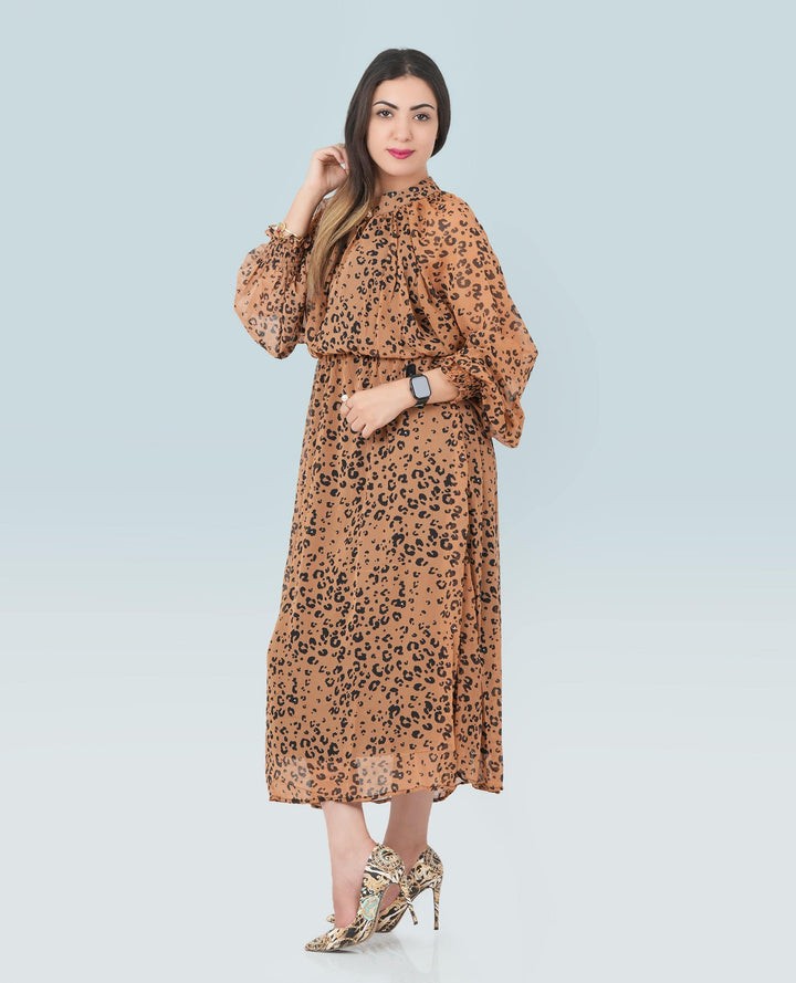 Women Leapord Print Mock Neck Midi Dress - Finelook