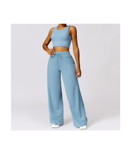 Women's 2-Piece Workout Set – Sleeveless Crop Top & High Waisted Wide Leg Pants