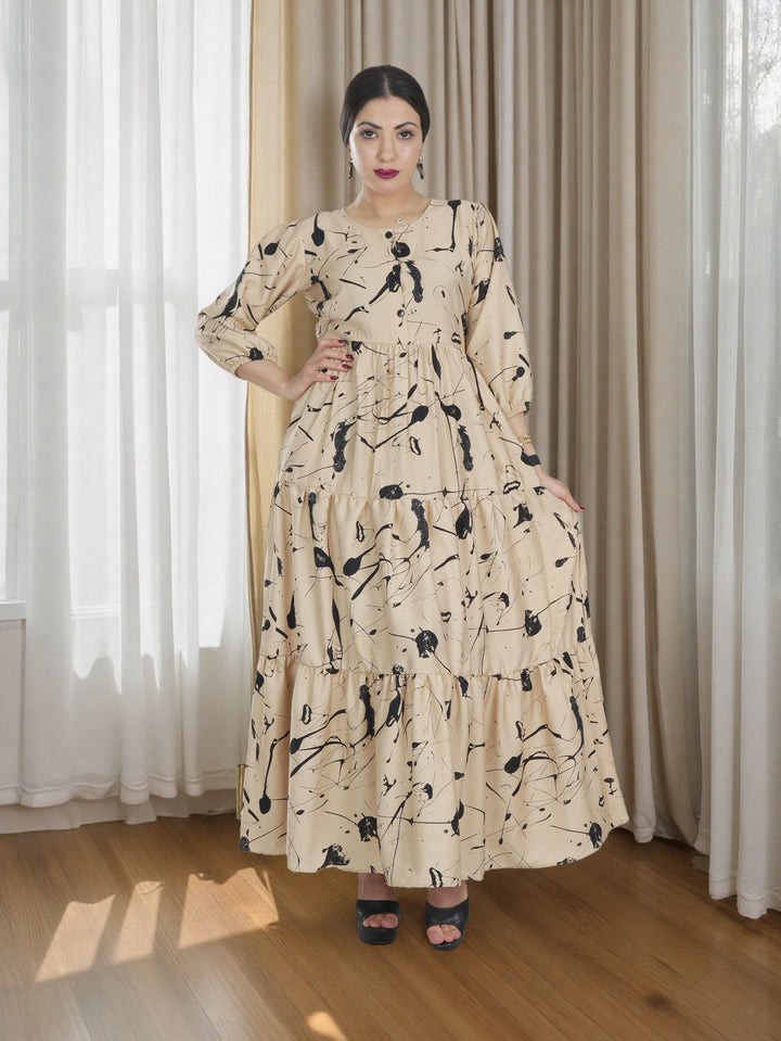 Elegant Khaki Maxi Dress with Black Abstract Print | Modest Fashion Saudi Arabia
