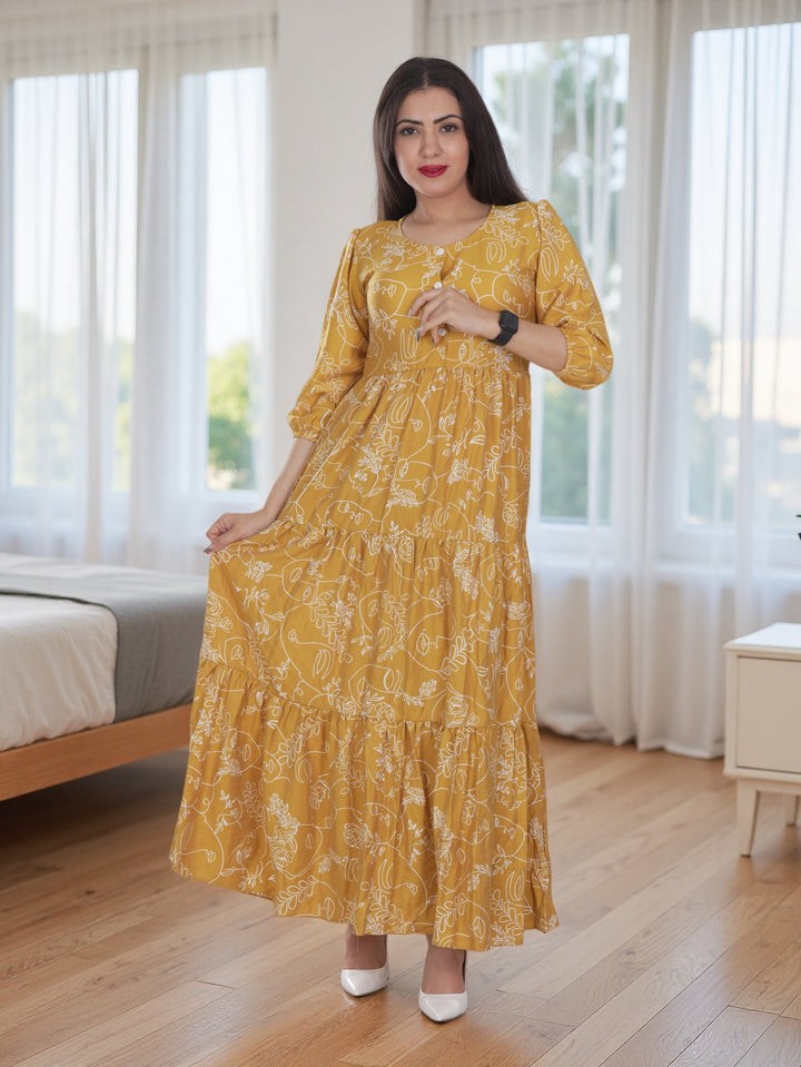 Elegant Mustard Yellow Maxi Dress with White Floral Print – Modest Long Sleeve Abaya Style