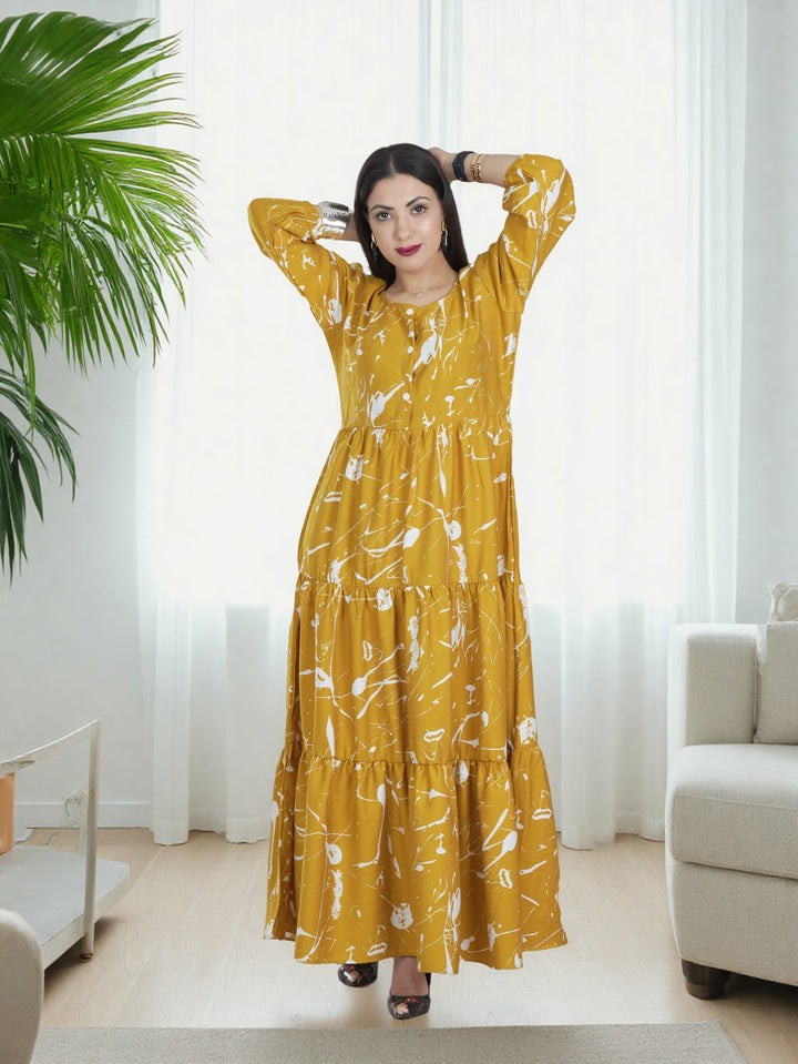 Elegant Mustard Yellow Maxi Dress for Women | Long Sleeve Modest Fashion Saudi Arabia