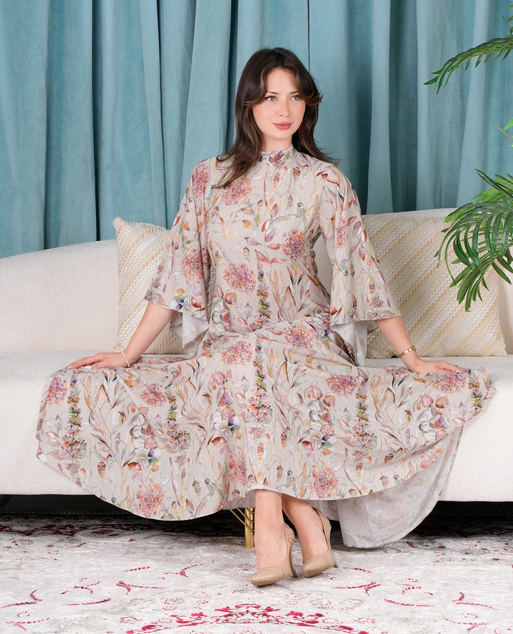 Floral Dress with Bow Tie back Long Flared Sleeve Jalabiya - Finelook