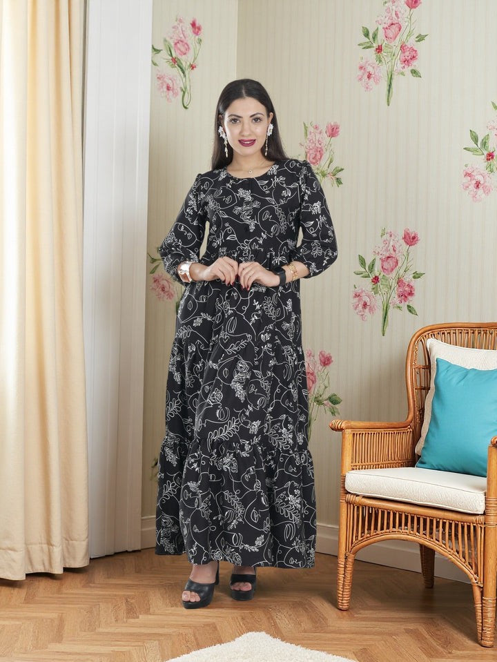 Elegant Black Printed Maxi Dress for Women | Modest Long Dress Saudi Fashion