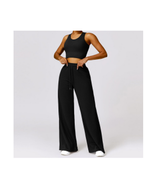 Women's 2-Piece Workout Set – Sleeveless Crop Top & High Waisted Wide Leg Pants