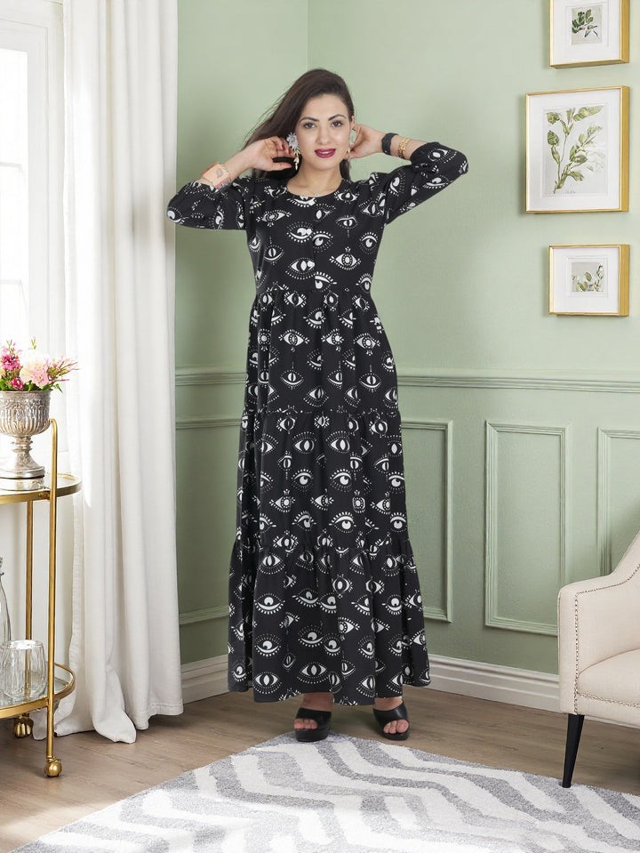 Elegant Black & White Eye Printed Maxi Dress for Women Modest & Stylish Outfit in Saudi Arabia
