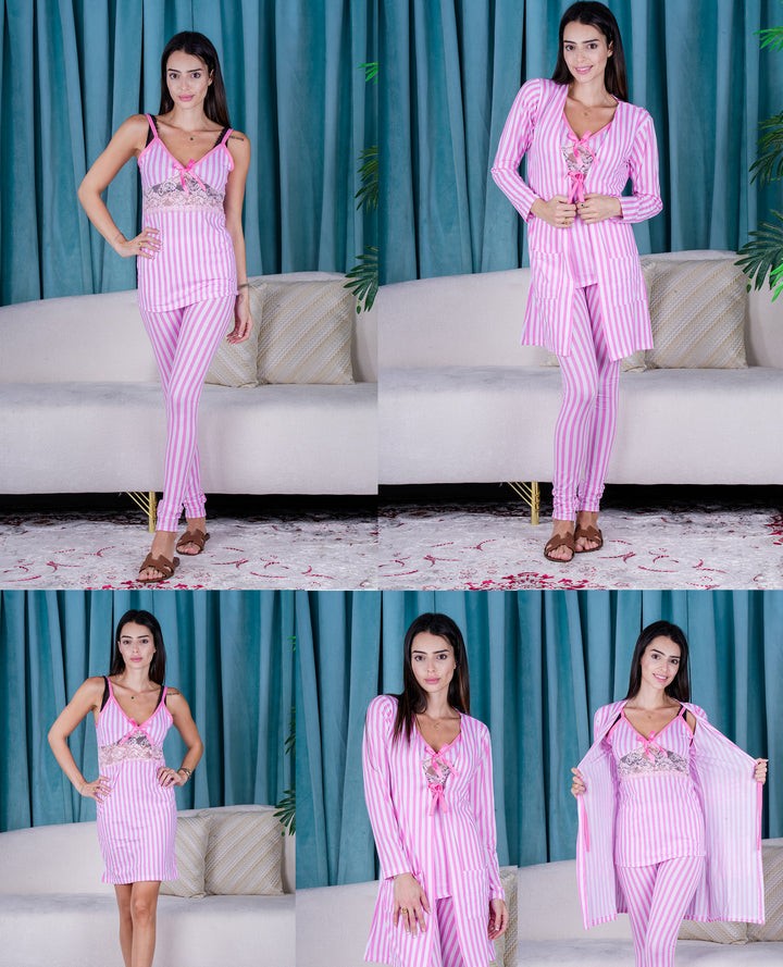 JENIKA Women’s 4-Piece Nightwear Set – Pink & White Striped Viscose with Waist Embroidery