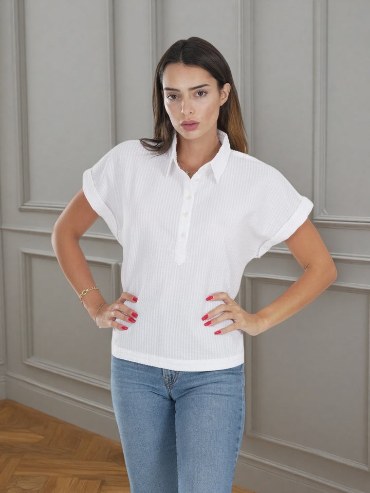 Women's White Short Sleeve Collared Button-Up Top