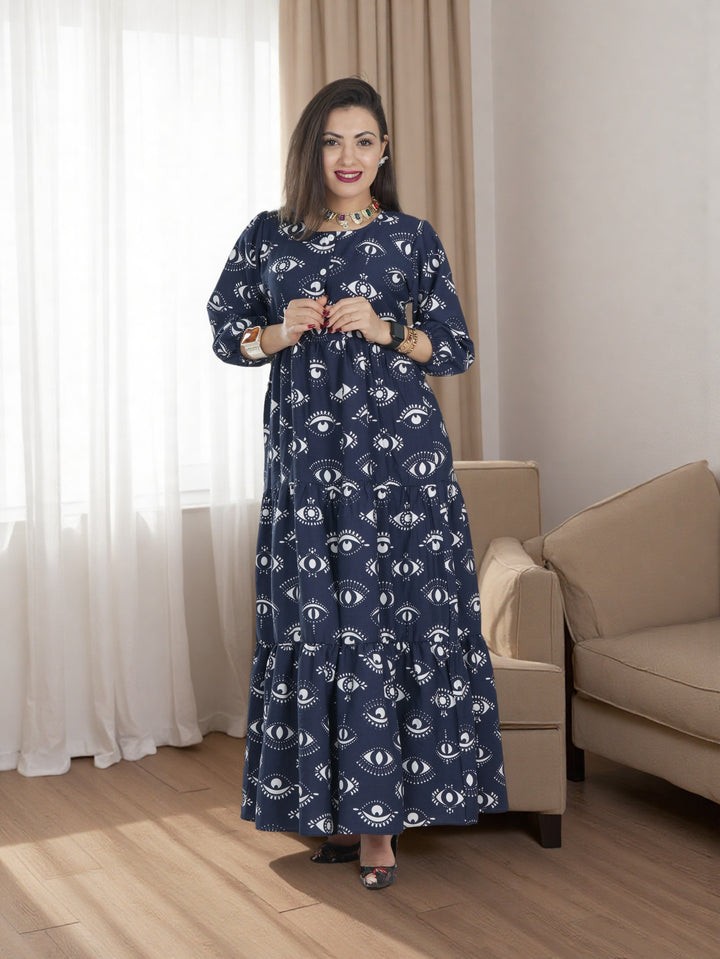 Elegant Maxi Dress Navy with White Printed Eye Patterns