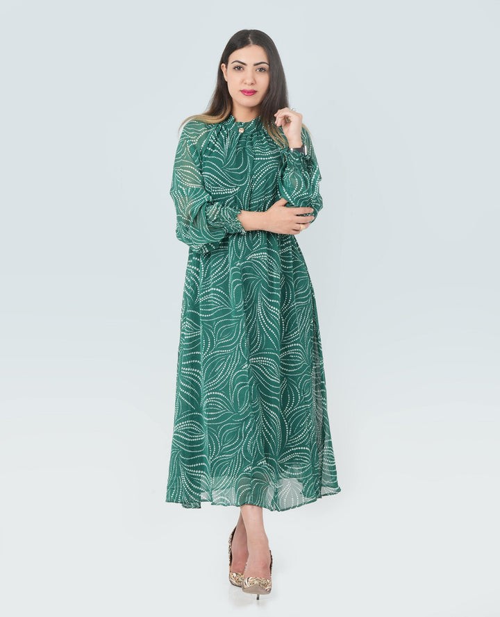 Women Polka Dot High Neck Midi Waisted Dress - Finelook