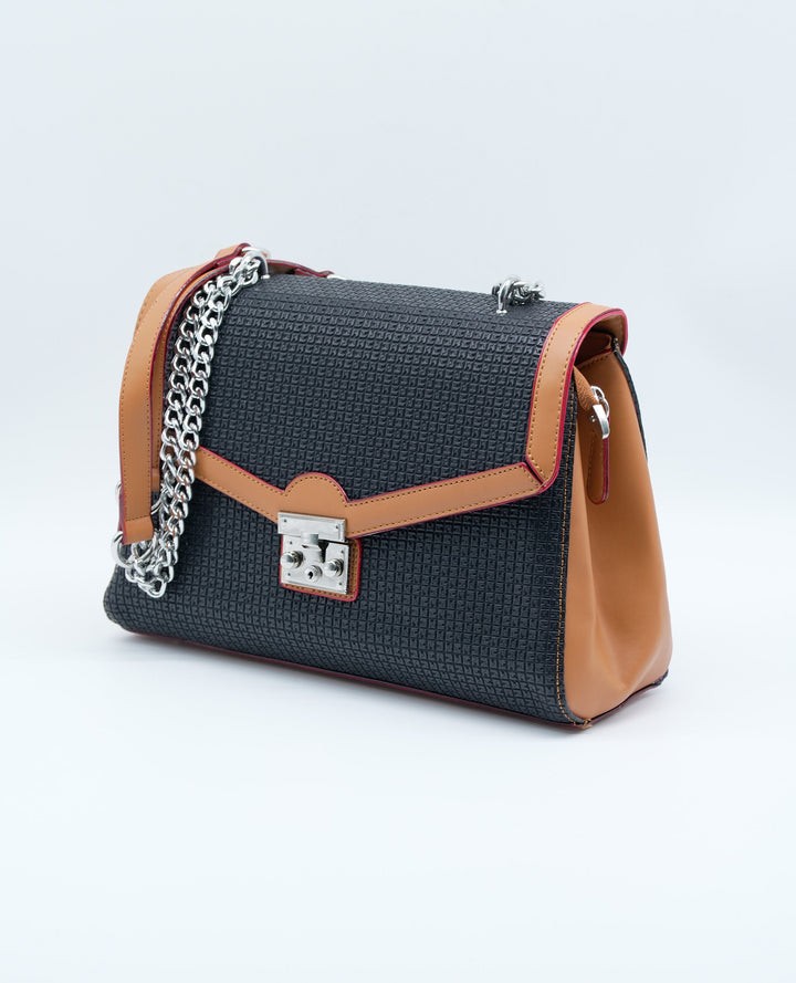 Textured Leather Handbag with Chain Strap & Lock Closure