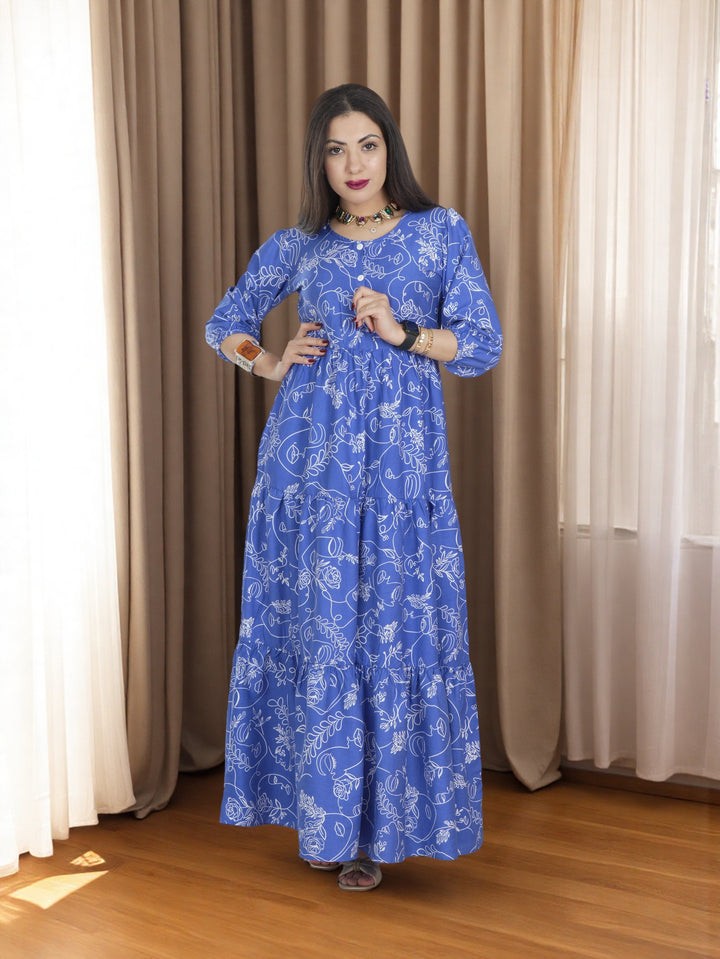 Elegant Blue Maxi Dress with Modern Print – Perfect for Occasions